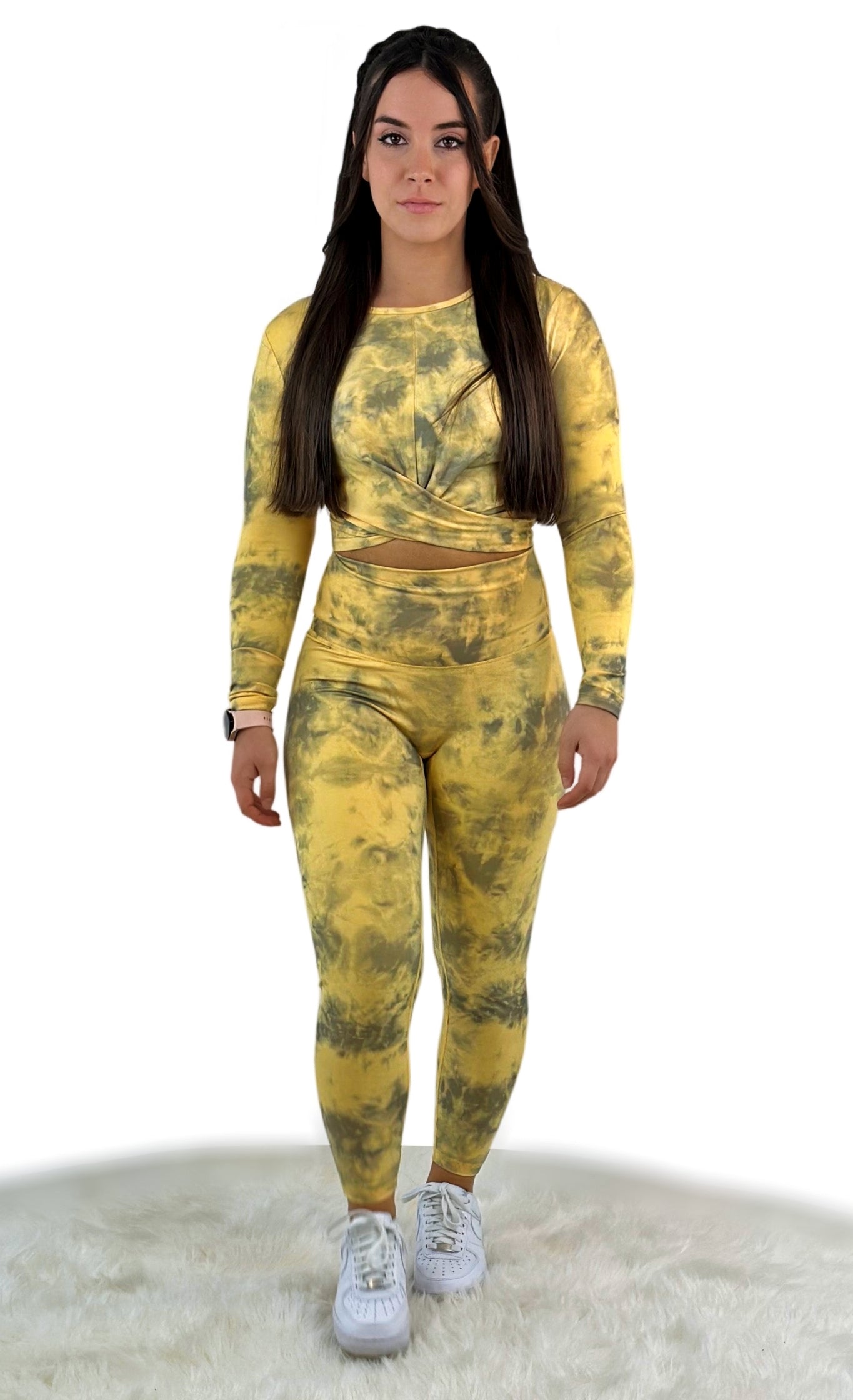 Weiches Gelbes Camouflage Leggings- und Crop Top-Set mit hoher Taille, ideal für Yoga, intensives Training oder Freizeit. Nahtloses, antibakterielles und feuchtigkeitsabweisendes Material für ultimativen Tragekomfort.